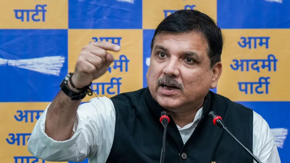 AAP MP Sanjay Singh addresses a press conference at the party office, in New Delhi, Monday, Aug. 25, 2024.