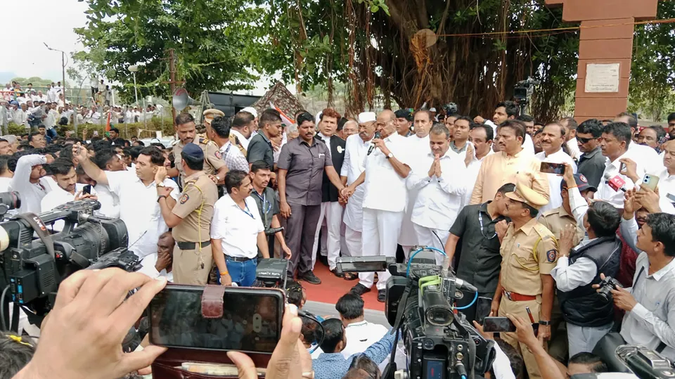 NCP Chief Sharad Pawar addresses supporters after paying tribute to former Maharashtra chief minister Yashwantrao Chavan, in Karad