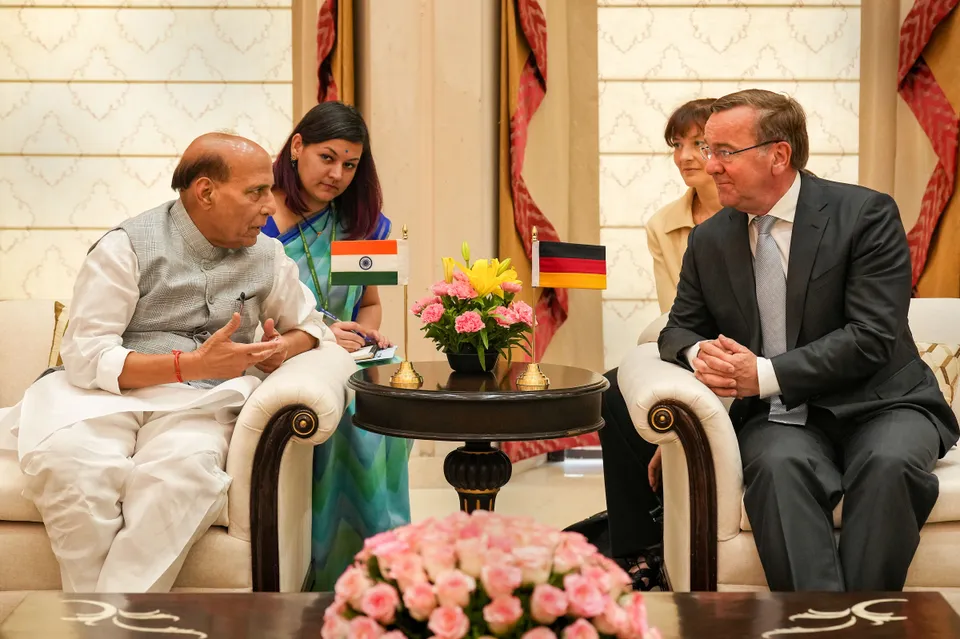 Defence Minister Rajnath Singh with German Federal Minister of Defence Boris Pistorius before a bilateral meeting at Manekshaw Centre, in New Delhi