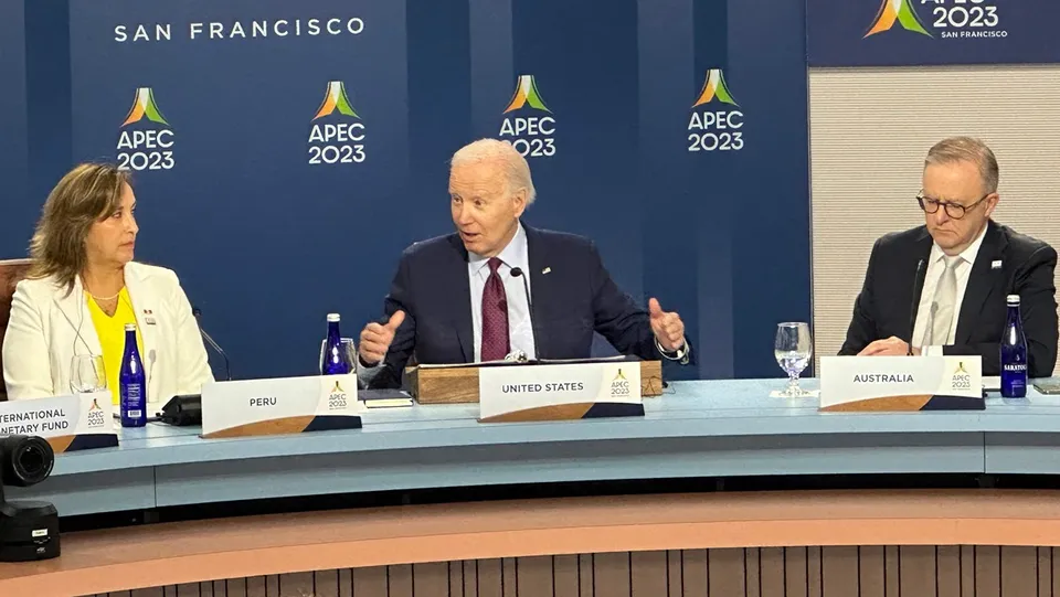 United States President Joe Biden with Peru's President Dina Boluarte and Australia's Prime Minister Anthony Albanese at the Leaders Retreat during the APEC summit