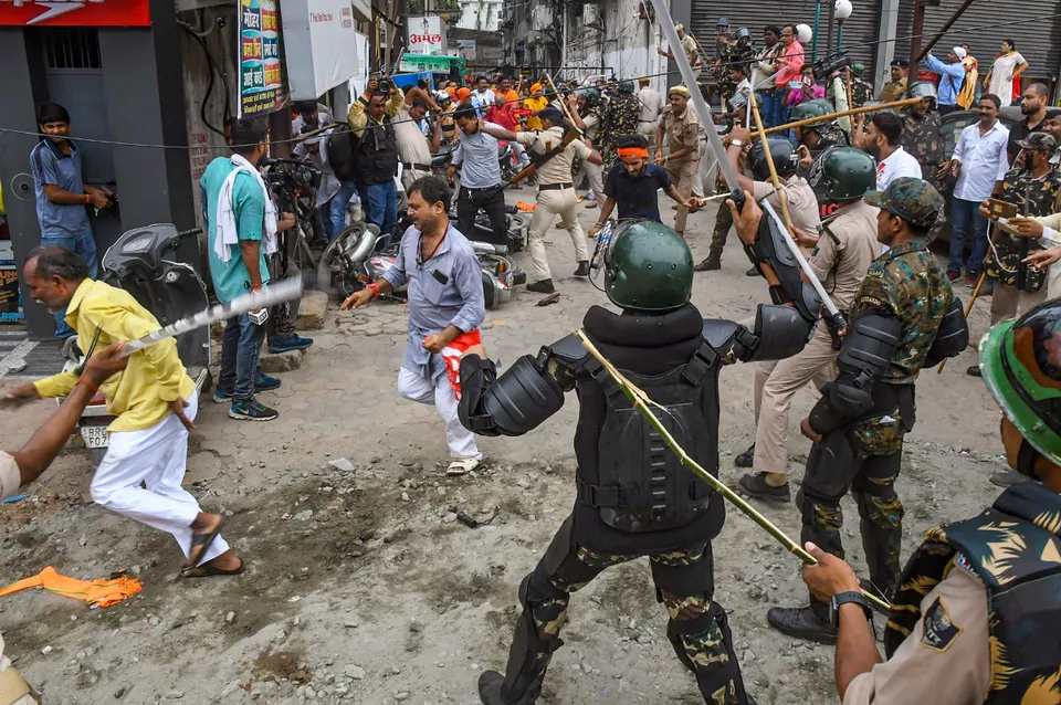 Security personnel baton charge BJP supporters during their Vidhan Sabha march in support of demands of teachers' job aspirants, in Patna