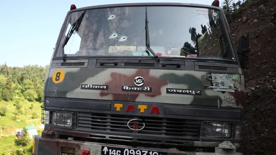 Bullet marks on windshield of an Indian Army vehicle following a terrorist attack on an Army convoy, in Kathua district, Tuesday, June 9, 2024. At least five Army personnel were killed in the terrorist attack.