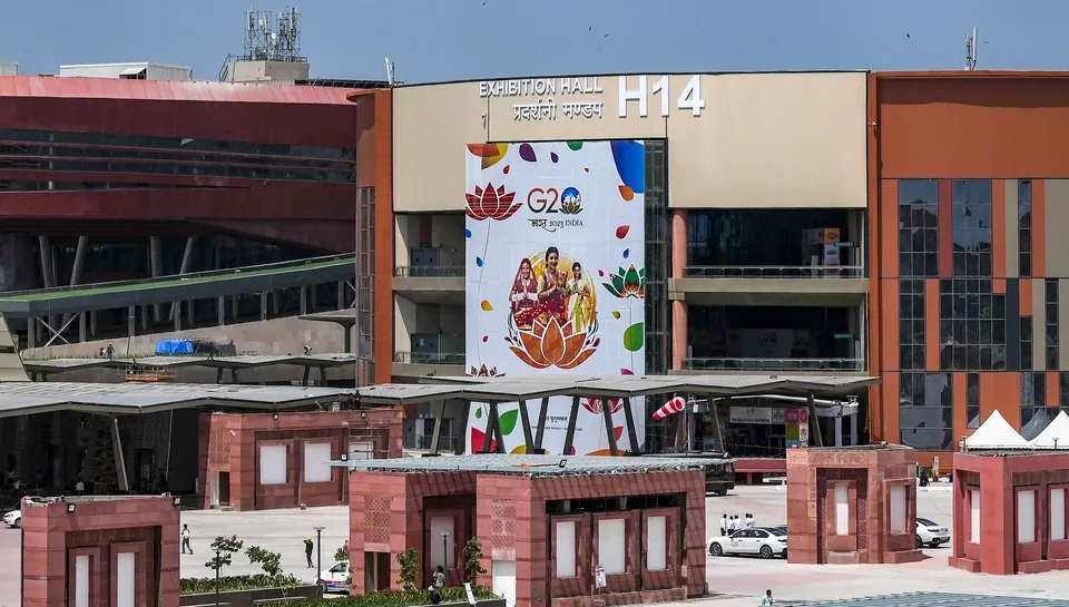 Exhibition Hall H14 of the Bharat Mandapam is seen ahead of G20 Summit, in New Delhi, Friday