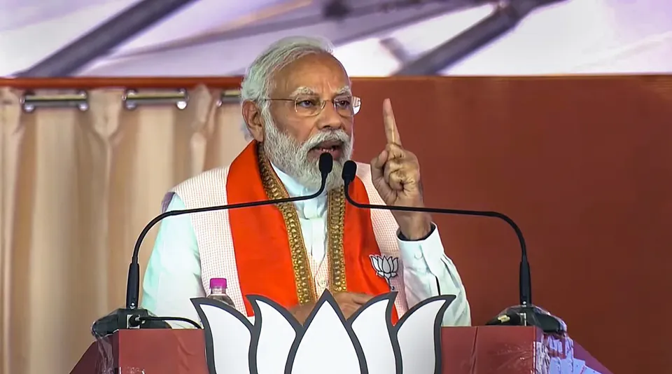 Prime Minister and senior BJP leader Narendra Modi addresses a public meeting ahead of the upcoming Karnataka Assembly elections, in Mudbidri