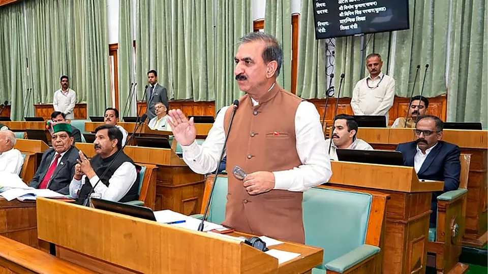 Himachal Pradesh Chief Minister Sukhvinder Singh Sukhu speaks during the Monsoon session of the Himachal Pradesh Legislative Assembly, in Shimla.