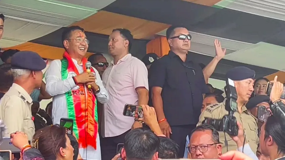 Sikkim Chief Minister and Sikkim Krantikari Morcha (SKM) chief Prem Singh Tamang addresses supporters during celebrations after party's victory in the State Assembly elections, in Gangtok, Sunday, June 2, 2024