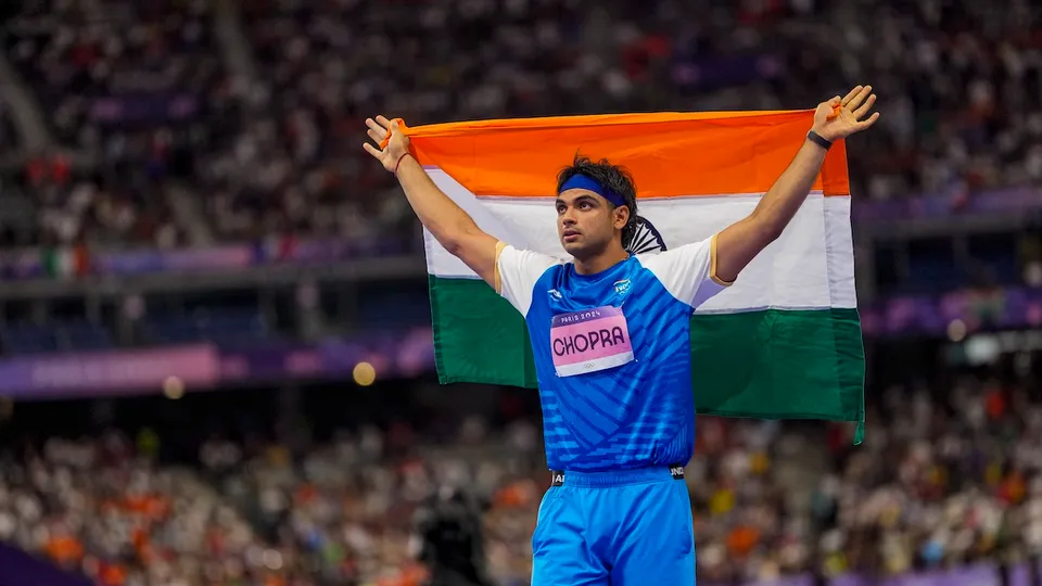 India's Neeraj Chopra after winning silver in the men's javelin throw final at the 2024 Summer Olympics, in Paris, France, Thursday, Aug. 8, 2024.