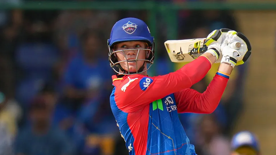 Delhi Capitals batter Jake Fraser-McGurk plays a shot during the Indian Premier League (IPL) T20 cricket match between Delhi Capitals and Mumbai Indians, at Arun Jaitley Cricket Stadium in New Delhi, Saturday, April 27, 2024