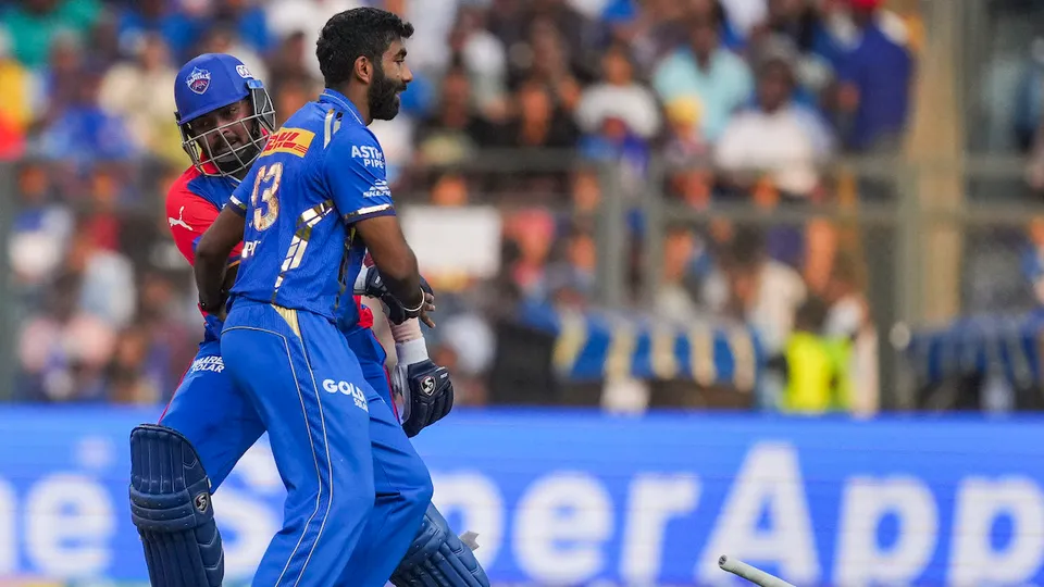 Delhi Capitals' Prithvi Shaw and Mumbai Indians' Jasprit Bumrah in action during the Indian Premier League (IPL) cricket match between Delhi Capitals and Mumbai Indians, at Wankhede Staduim, in Mumbai, Sunday, April 7, 2024.