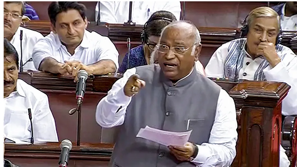 Leader of Opposition in Rajya Sabha Mallikarjun Kharge speaks in the House during a special session of Parliament, in New Delhi