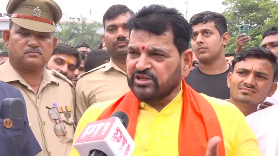 Wrestling Federation of India (WFI) chief Brij Bhushan Singh speaks with the media in Gonda on April 30