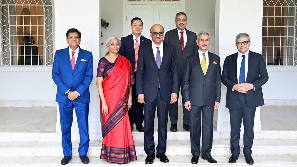 Union Ministers S. Jaishankar, Nirmala Sitharaman, Piyush Goyal and Ashwini Vaishnaw and others during a meeting with the President of Singapore Tharman Shanmugaratnam, in Singapore.