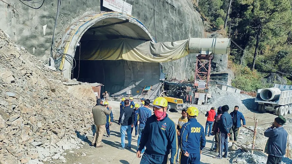 Rescue operation underway after a portion of a tunnel under construction between Silkyara and Dandalgaon on the Brahmakhal-Yamunotri national highway collapsed, in Uttarkashi district, Sunday, Nov. 12, 2023. Around 40 workers are feared trapped.