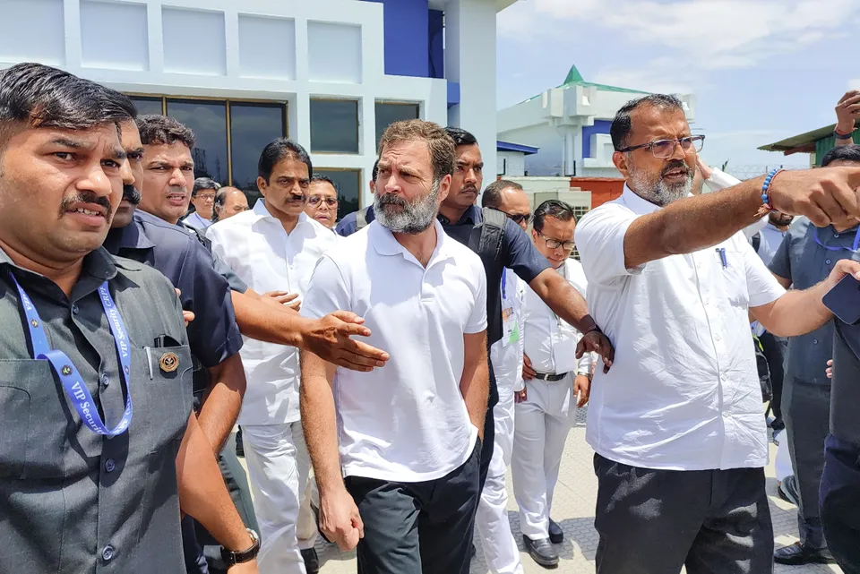 Congress leader Rahul Gandhi with party leader KC Venugopal and others arrives at Imphal airport, Manipur