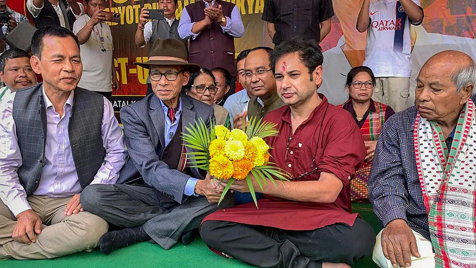 Tipra Motha leader Pradyot Kishore Debbarma during his ongoing fast-unto-death stir demanding a permanent constitutional solution to the problem of indigenous (Tiprasa) people