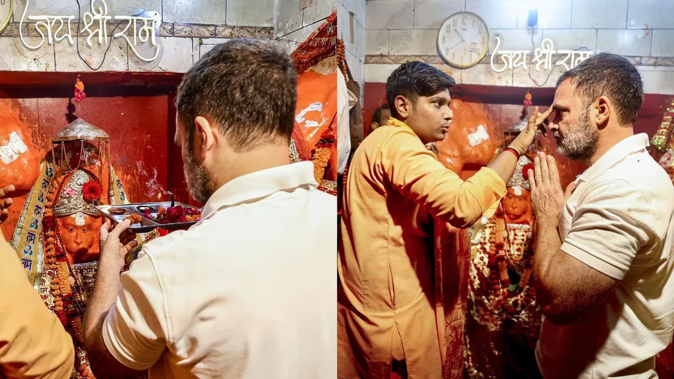 Congress leader Rahul Gandhi during a visit to Churuva Hanuman Temple, in Raebareli, Tuesday, July 9, 2024.
