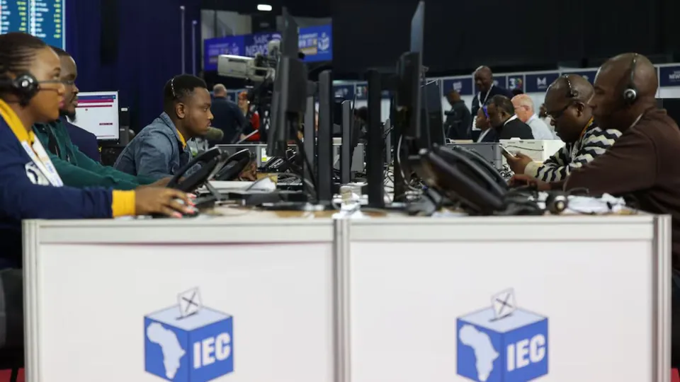 Election staff members work at the National Results Operation Centre of the Electoral Commission of South Africa (IEC), which serves as an operational hub where results of the national election are displayed, in Midrand, South Africa, May 30, 2024