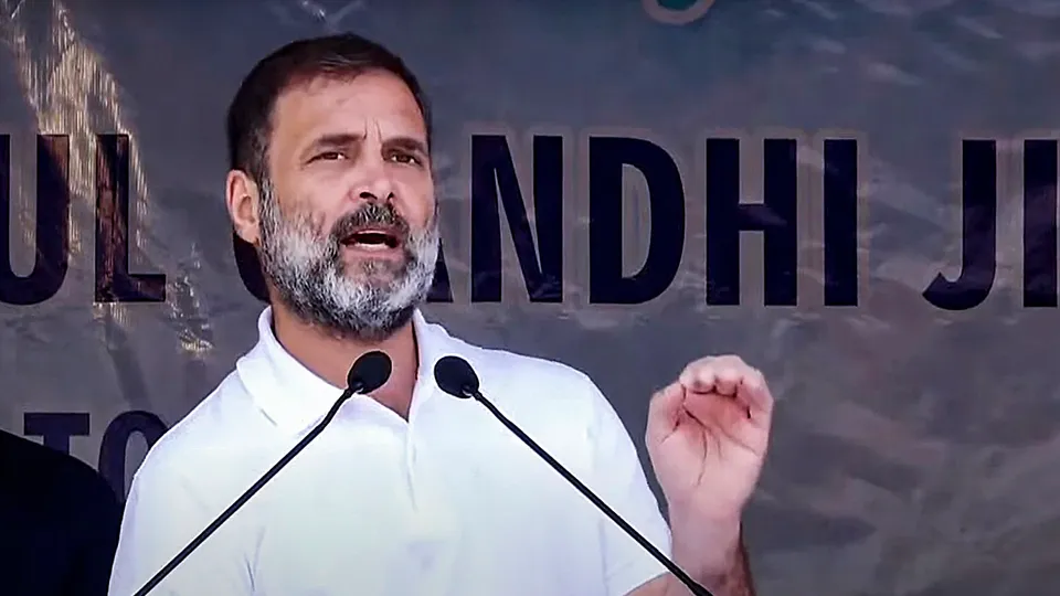 Congress leader Rahul Gandhi addresses a public meeting, in Kargil district, Ladakh
