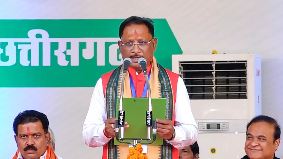 Vishnu Deo Sai takes oath as the Chief Minister of Chhattisgarh during a ceremony, in Raipur