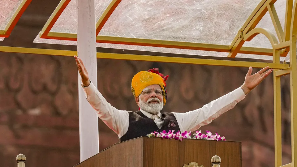 Prime Minister Narendra Modi addresses the nation from the historic Red Fort on the occasion of the 77th Independence Day, in New Delhi, Tuesday