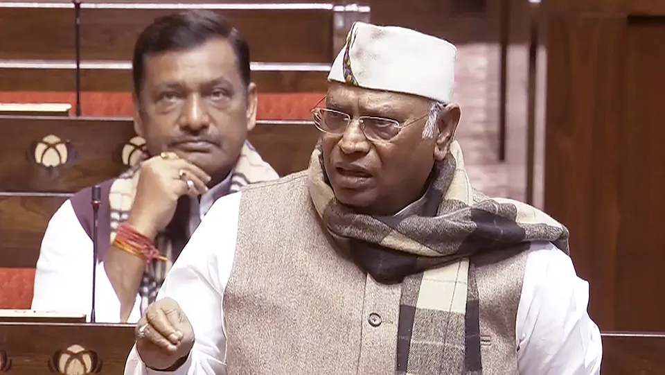 Leader of the Opposition in Rajya Sabha Mallikajun Kharge speaks during the Budget session of Parliament