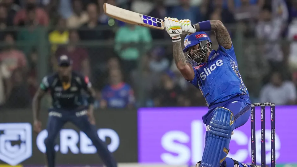 Mumbai Indians batter Suryakumar Yadav plays a shot Gujarat Titans on May 12