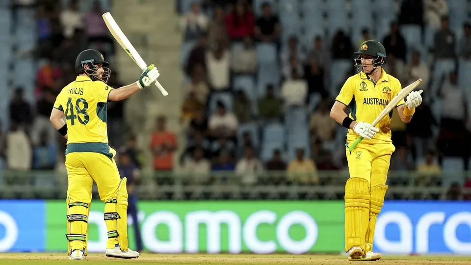 Australia's batter Josh Inglis with Marnus Labuschagne celebrates after scoring a half century during the ICC Men's Cricket World Cup 2023 match between Sri Lanka and Australia, at Bharat Ratna Shri Atal Bihari Vajpayee Ekana Cricket Stadium, in Lucknow, Monday, Oct. 16, 2023.