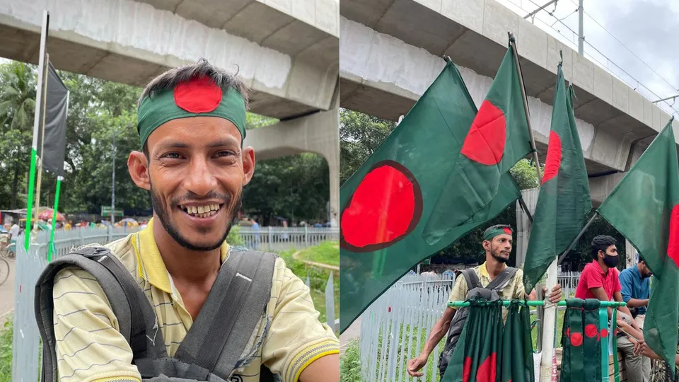 Flag seller Mohd Suman sits at the periphery of the Raju Memorial opposite the Teacher-Student Centre (TSC) of the Dhaka University, Monday, Aug. 19, 2024.