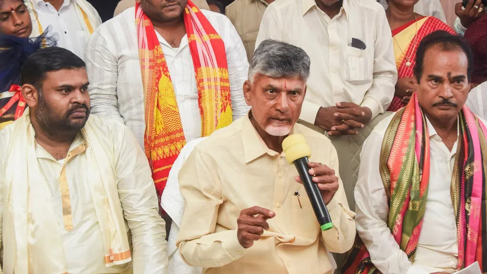 Andhra Pradesh Chief Minister N Chandrababu Naidu speaks to the media after offering prayer at the Venkateswara temple, in Tirumala, Thursday, June 13, 2024.