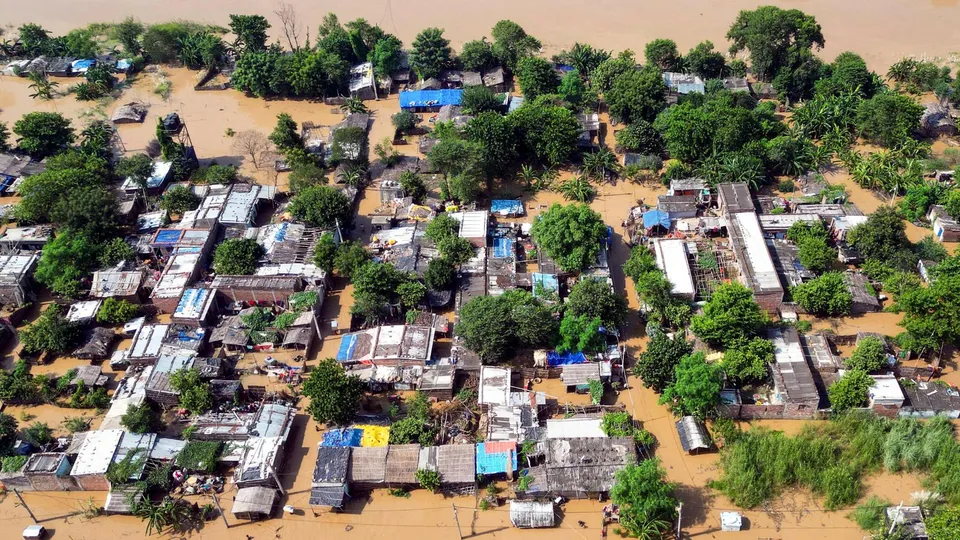 Aerial view of an area inundated with water of the swollen Ganga river, in Patna