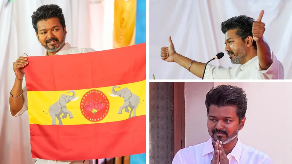 Actor-turned-politician and Tamilaga Vettri Kazhagam President Vijay during the unveiling of party's flag at party headquarters, on the outskirts of Chennai, Thursday, Aug. 22, 2024.