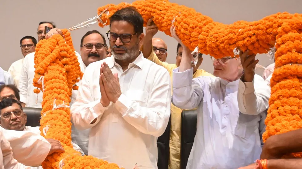  Jan Suraaj chief Prashant Kishor being felicitated by supporters during a state-level meeting of the organisation, in Patna, July 28, 2024.