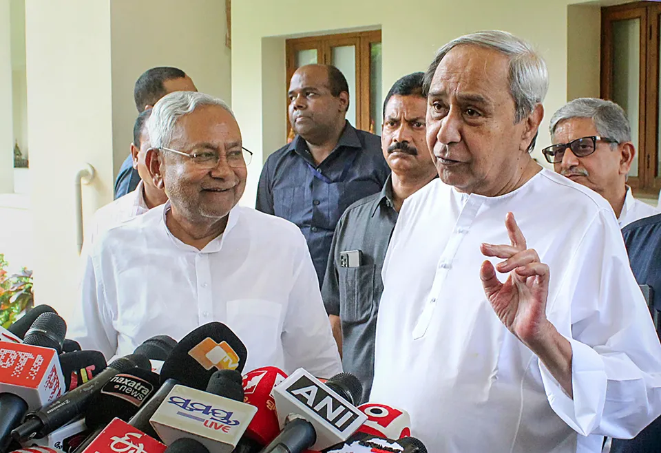 Bihar Chief Minister Nitish Kumar with Odisha Chief Minister Naveen Patnaik addresses the media after a meeting, in Bhubaneswar