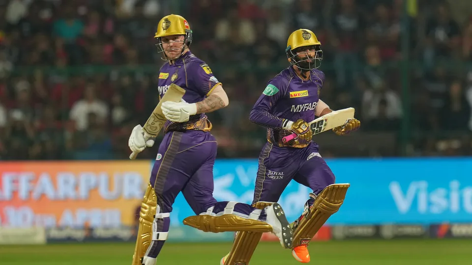 Kolkata Knight Riders batters Jason Roy and Narayan Jagadeesan run between the wickets during the IPL 2023 cricket match April 26