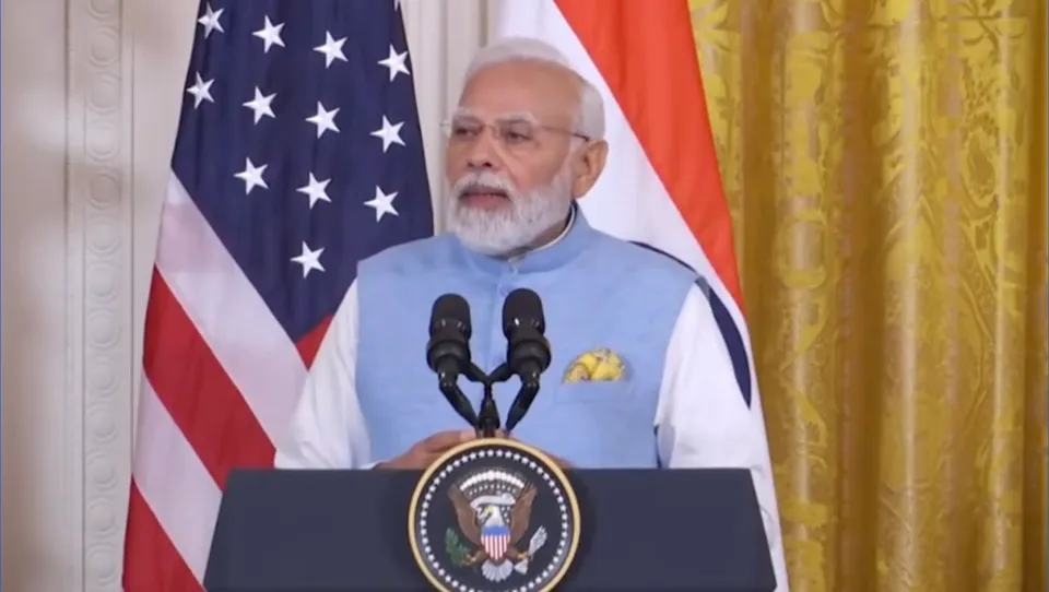 Narendra Modi addressing his first press conference in the last nine years at White House