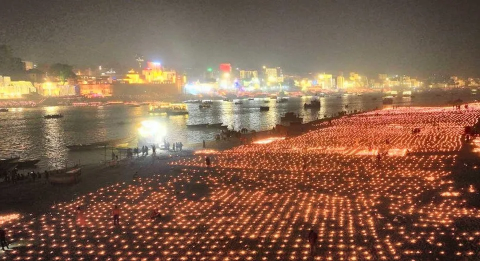 Devotees during 'Dev Deepawali' celebrations, in Varanasi, Monday, Nov. 27, 2023.