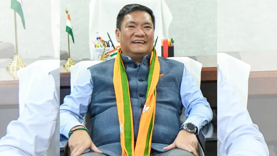 Arunachal Pradesh Chief Minister and BJP leader Pema Khandu during celebrations after party's victory in the State Assembly elections, in Itanagar, Sunday, June 2, 2024