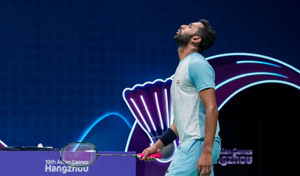 India’s HS Prannoy reacts after losing a point against China's Li Shifeng in the Men's Singles semifinal badminton match at the 19th Asian Games