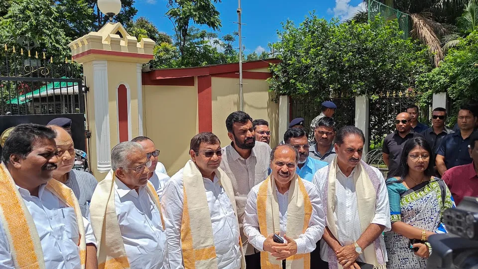 Congress MP Adhir Ranjan Chowdhury, AAP MP Sushil Gupta, JMM MP Mahua Maji and other leaders of the INDIA alliance parties addresses the media after meeting Manipur Governor Anusuiya Uikey, in Imphal, Sunday, July 3