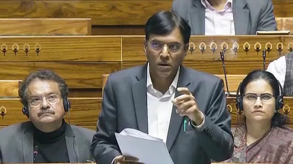 Union Minister Mansukh Mandaviya speaks in the Lok Sabha during the Budget session of Parliament, in New Delhi