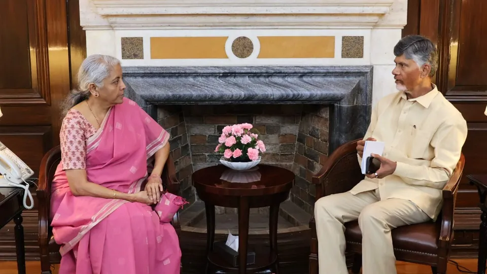Andhra Pradesh Chief Minister N Chandrababu Naidu meets Union Finance Minister Nirmala Sitharaman during a meeting, in New Delhi.