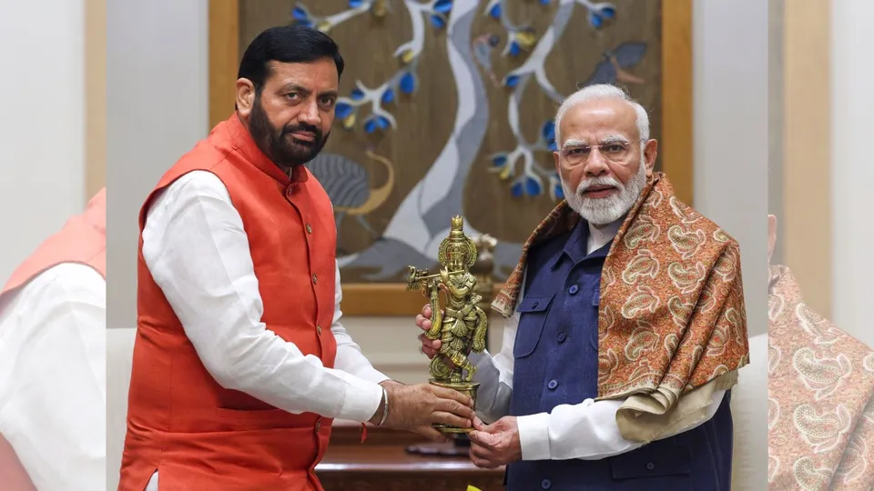 Prime Minister Narendra Modi with Haryana Chief Minister Nayab Singh Saini at a meeting in New Delhi, Wednesday, Oct. 9, 2024.