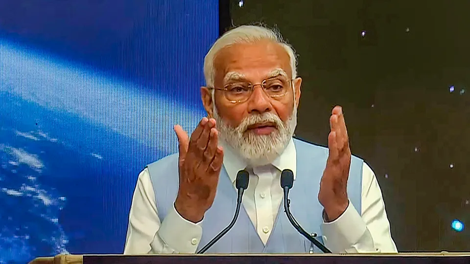 Prime Minister Narendra Modi speaks during a visit to Vikram Sarabhai Space Centre (VSSC), in Thiruvananthapuram