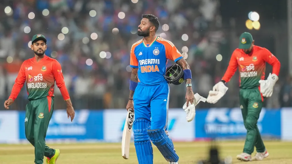 Hardik Pandya after winning the first T20 International cricket match between India and Bangladesh at Shrimant Madhavrao Scindia Cricket Stadium, in Gwalior, Sunday, Oct. 6, 2024. 