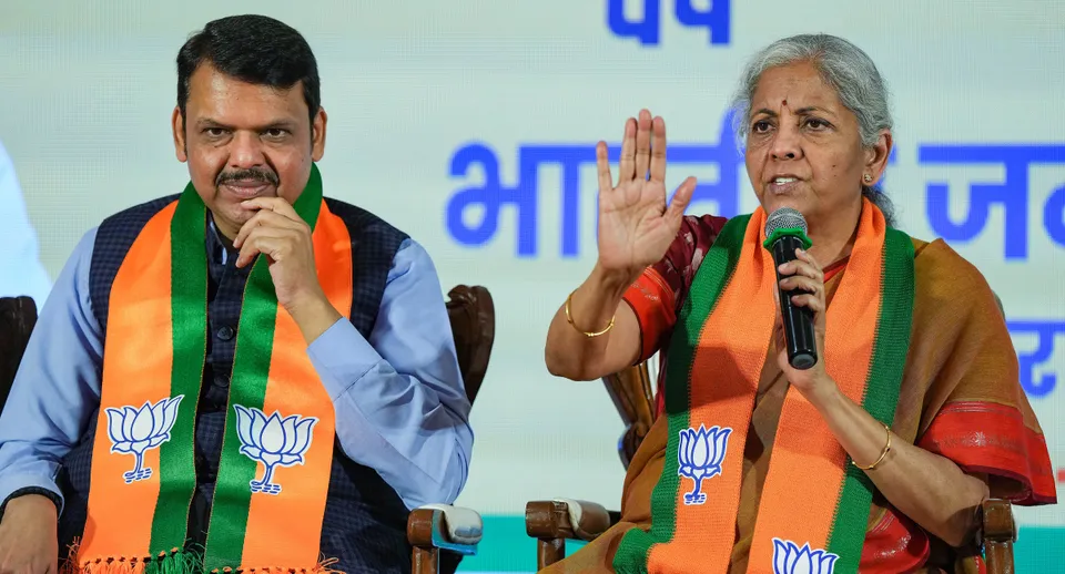 Union Finance Minister Nirmala Sitaraman with Maharashtra Dy CM Devendra Fadnavis addresses a press conference, in Mumbai