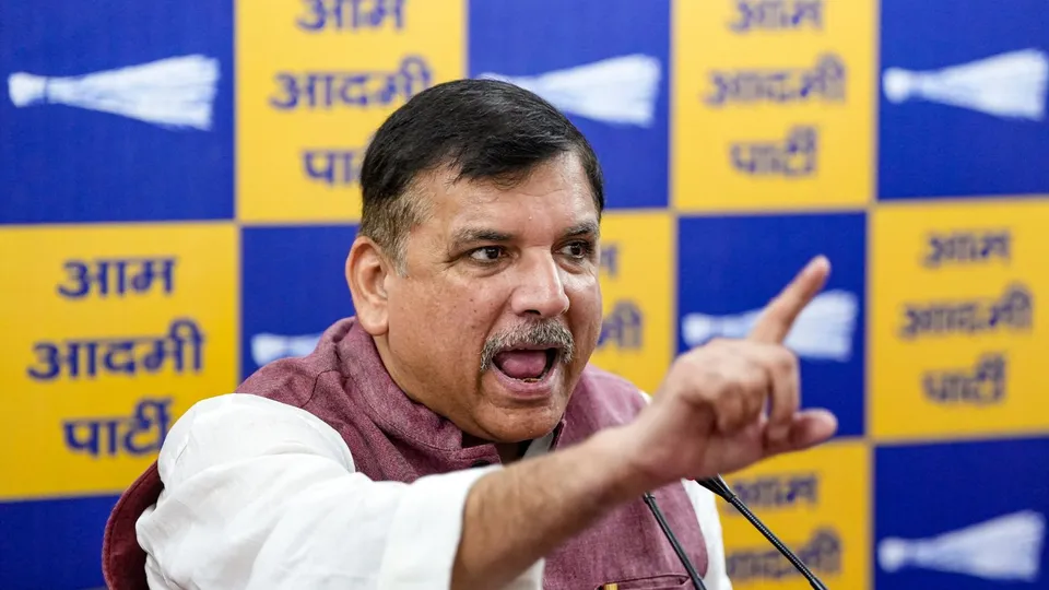 AAP leader Sanjay Singh addresses a press conference, in New Delhi, Monday, Sept. 23, 2024. 