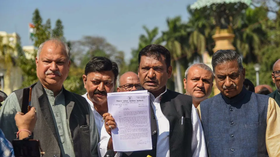 Bihar Congress President Akhilesh Singh addresses a press conference after meeting the state Assembly Speaker Nand Kishore Yadav