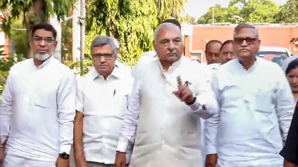 Leader of Opposition in Haryana Assembly Bhupinder Singh Hooda comes out after meeting State Governor Governor Bandaru Dattatreya, at Raj Bhavan, in Chandigarh, Thursday, June 20, 2024.