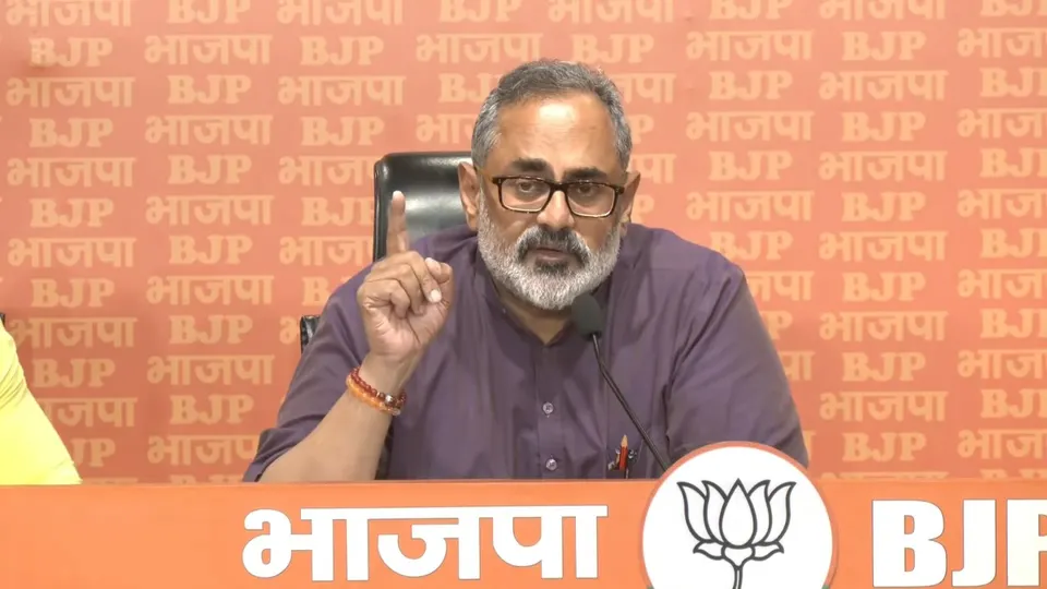 Union Minister Rajeev Chandrasekhar addressing a press conference at party HQ in New Delhi