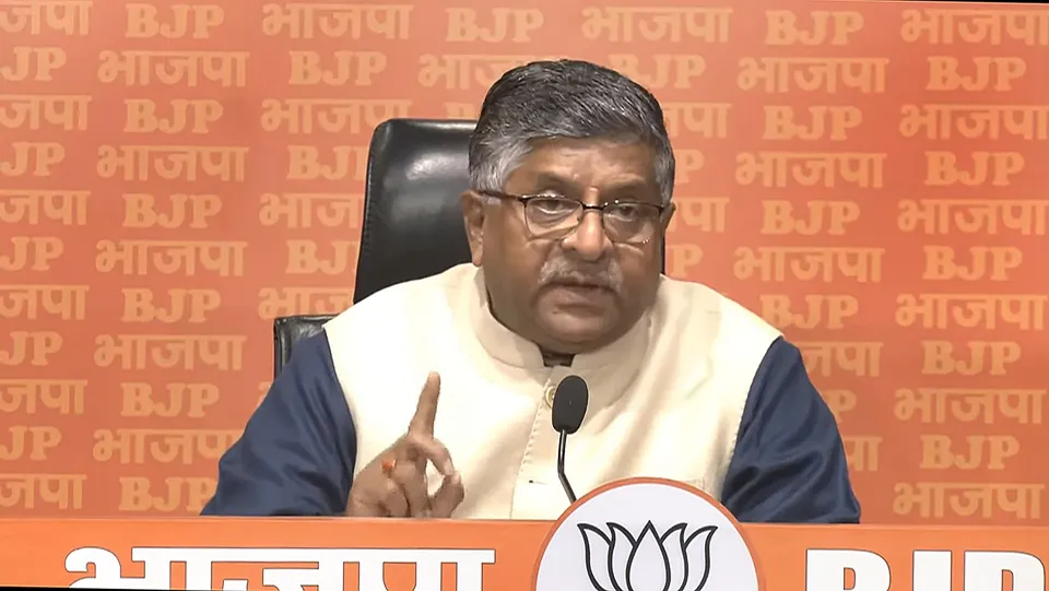 Senior BJP leader Ravi Shankar Prasad addresses a press conference at BJP HQ, in New Delhi